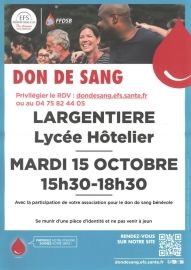 Don du sang à Largentière mardi 15 octobre 2024